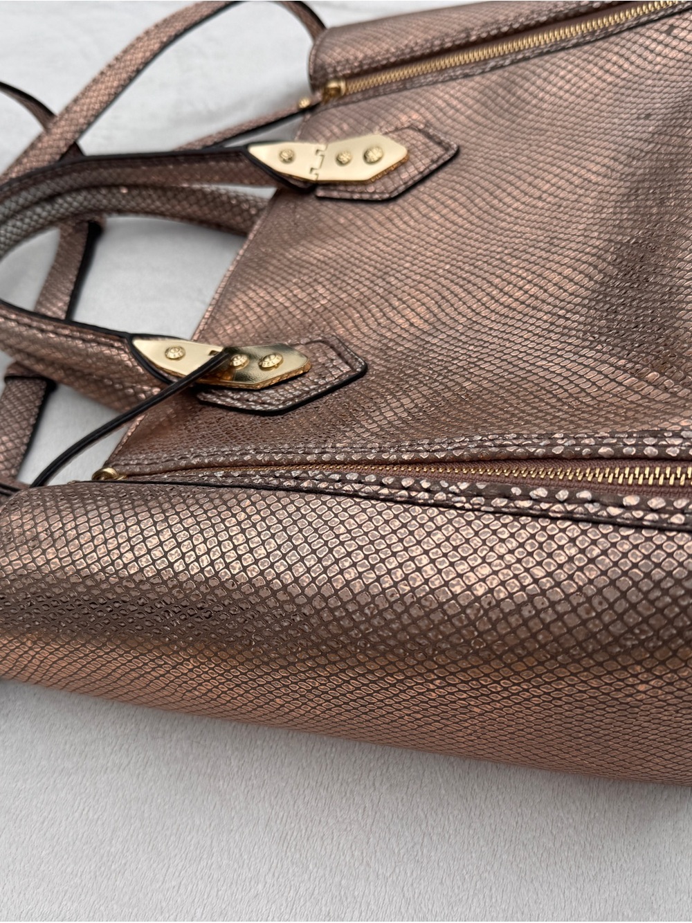 henri bendel Metallic Bronze Textured Satchel with Gold Hardware - Picture 5 of 10